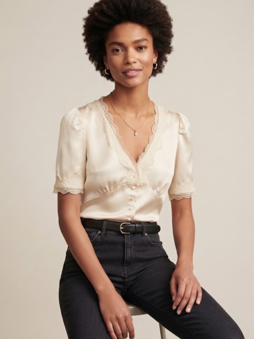 Joie Satin Lace Trim Blouse Cream Ivory Feminine Romantic Quiet Luxury Sz M